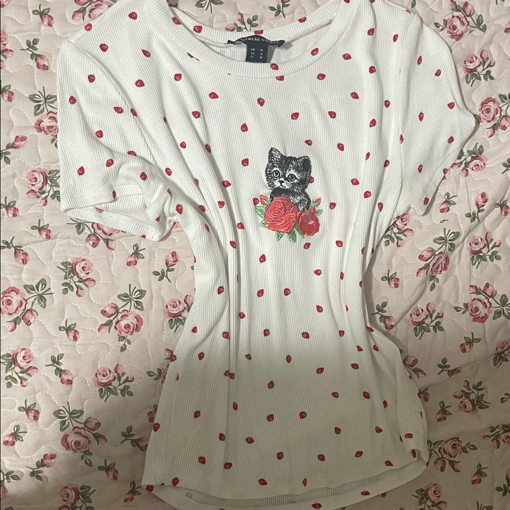 White Cat Shirt W/ Strawberry And Rose Design